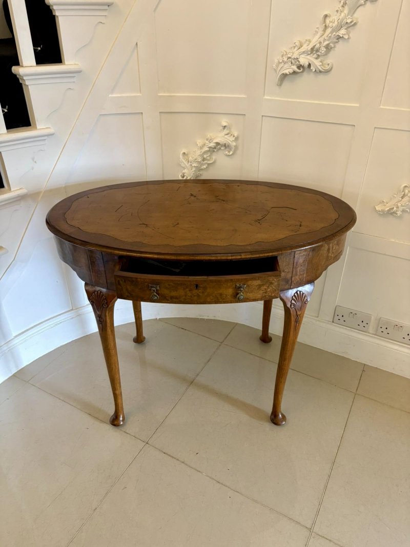 Antique Edwardian Quality Burr Walnut Freestanding Oval Shaped Writing Table - Image 15